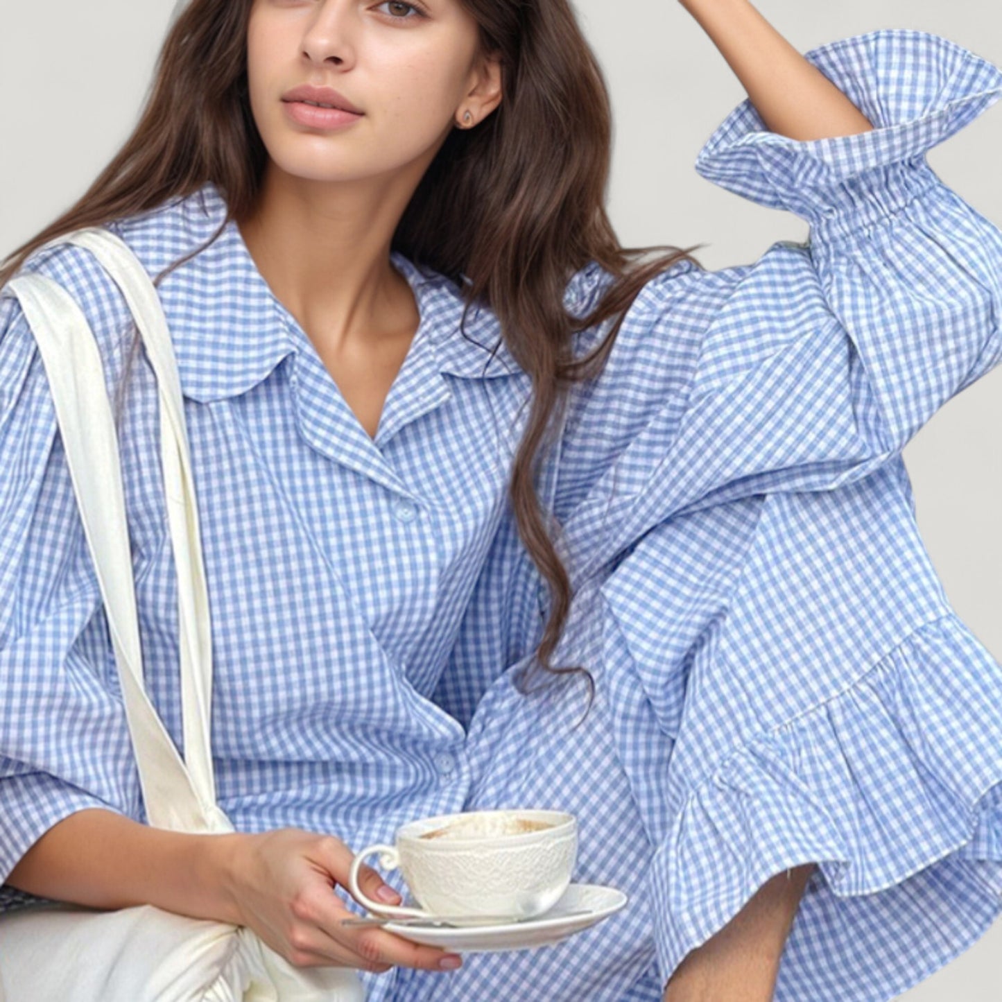 Anna-Kaci Lounge Women's Gingham Button Down Pajama Set with Long Sleeve Collared Top and Ruffle Hem Wide Leg Pants