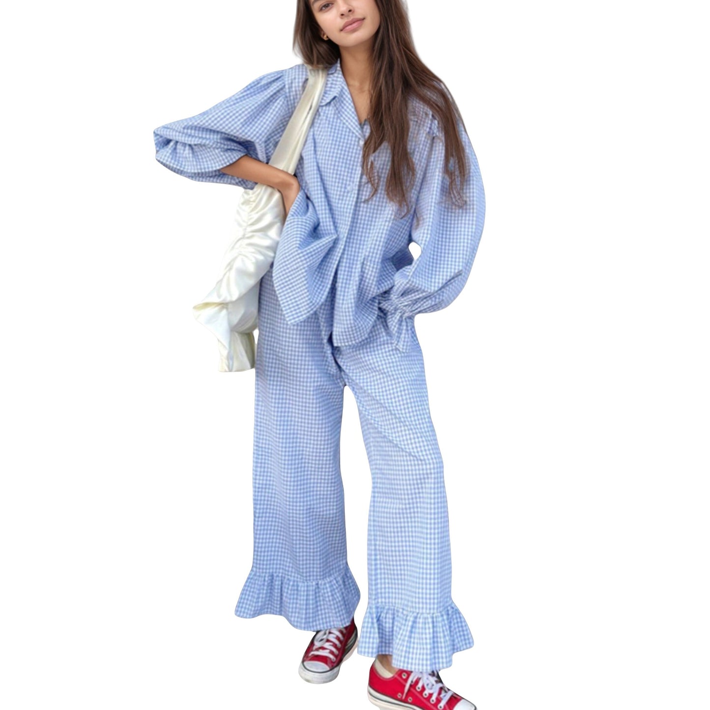 Anna-Kaci Lounge Women's Gingham Button Down Pajama Set with Long Sleeve Collared Top and Ruffle Hem Wide Leg Pants