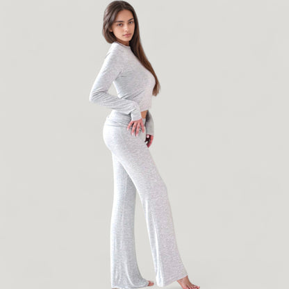 Anna-Kaci Lounge Women's Soft Velvet Pajama Set with Long Sleeve Crew Neck Top and Wide Leg Stretch Pants