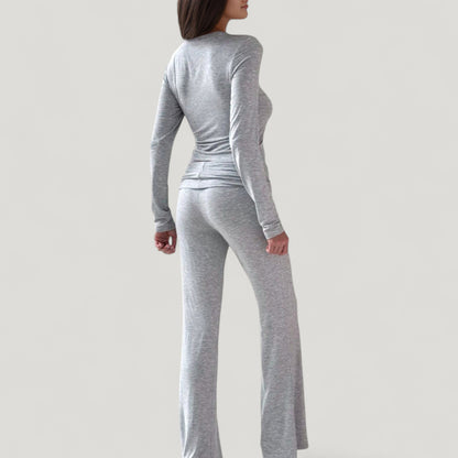 Anna-Kaci Lounge Women's Soft Velvet Pajama Set with Long Sleeve Crew Neck Top and Wide Leg Stretch Pants