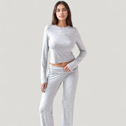 Anna-Kaci Lounge Women's Soft Velvet Pajama Set with Long Sleeve Crew Neck Top and Wide Leg Stretch Pants