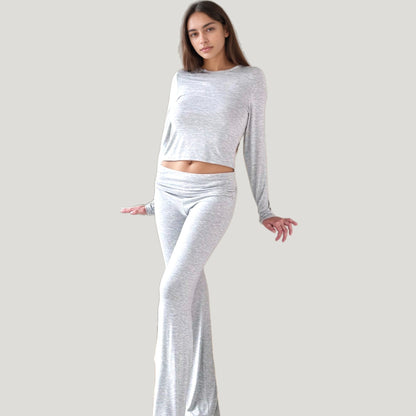 Anna-Kaci Lounge Women's Soft Velvet Pajama Set with Long Sleeve Crew Neck Top and Wide Leg Stretch Pants