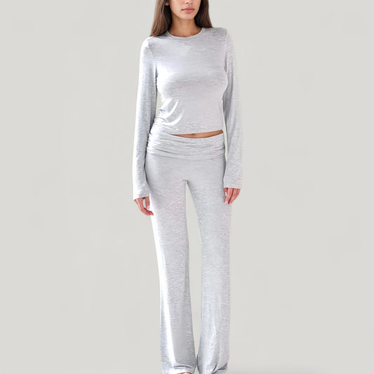 Anna-Kaci Lounge Women's Soft Velvet Pajama Set with Long Sleeve Crew Neck Top and Wide Leg Stretch Pants