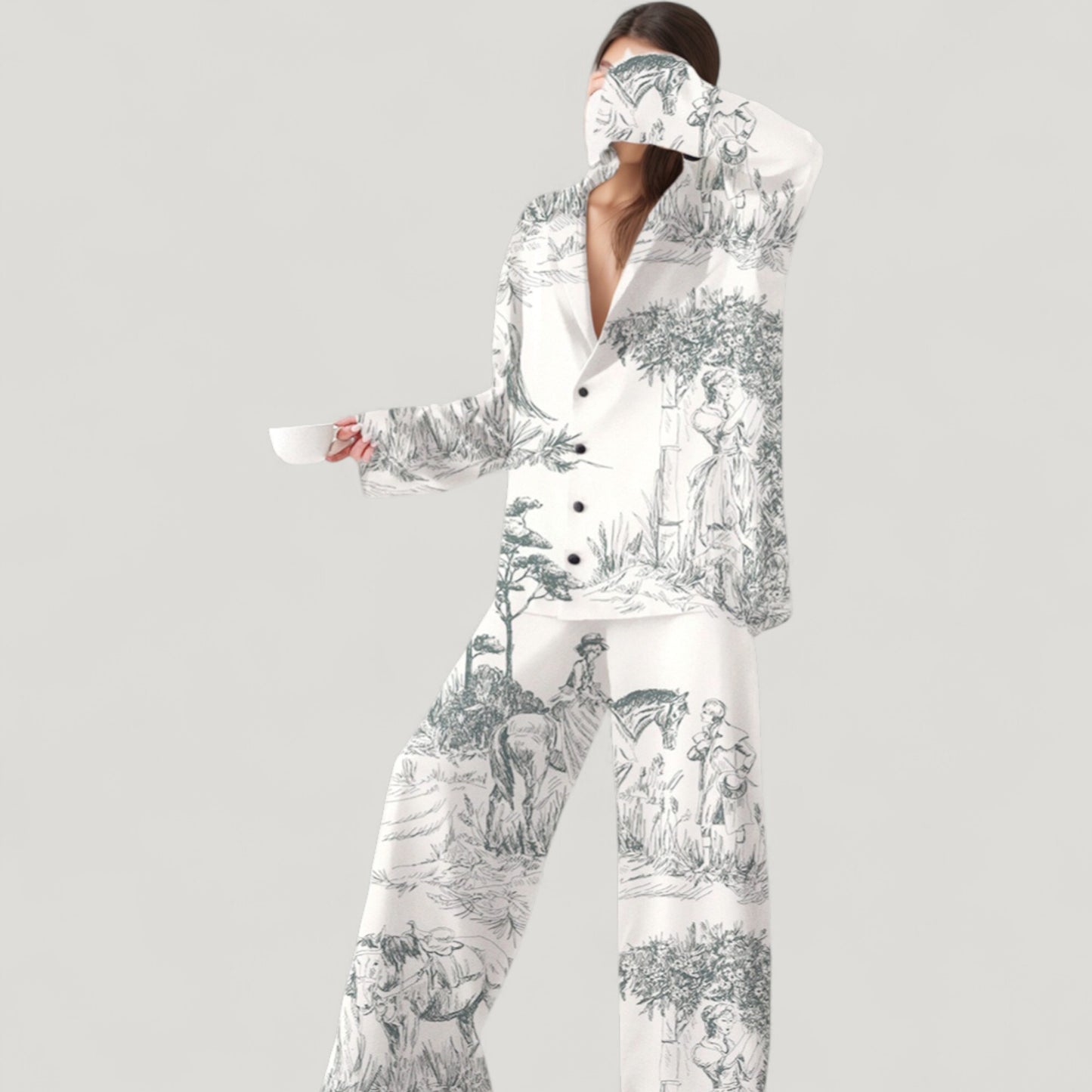 Anna-Kaci Lounge Women's Illustrated Toile Print Woven Pajama Set with Long Sleeve Button-Up Shirt and Straight Leg Pants
