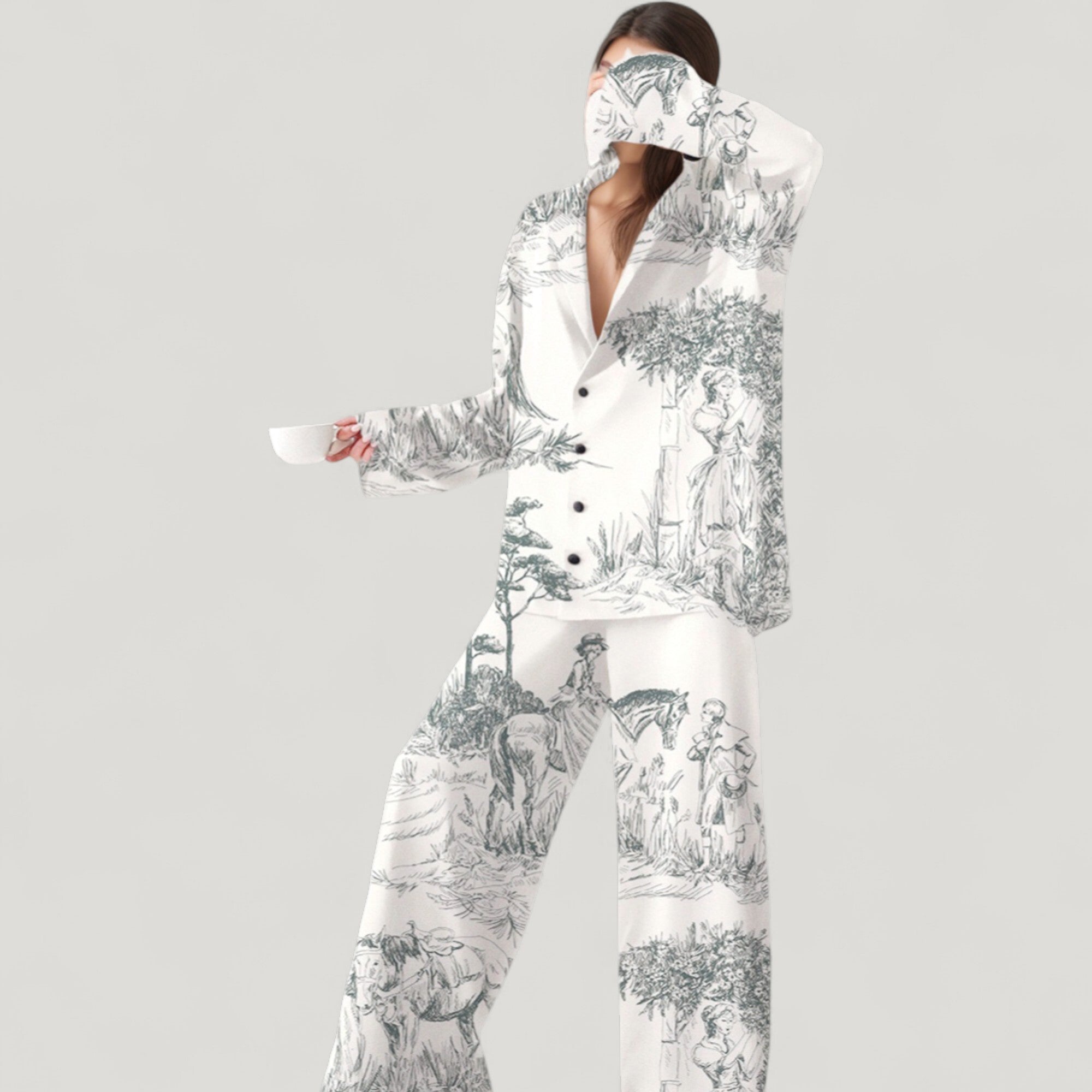 Anna-Kaci Lounge Women's Illustrated Toile Print Woven Pajama Set with Long Sleeve Button-Up Shirt and Straight Leg Pants
