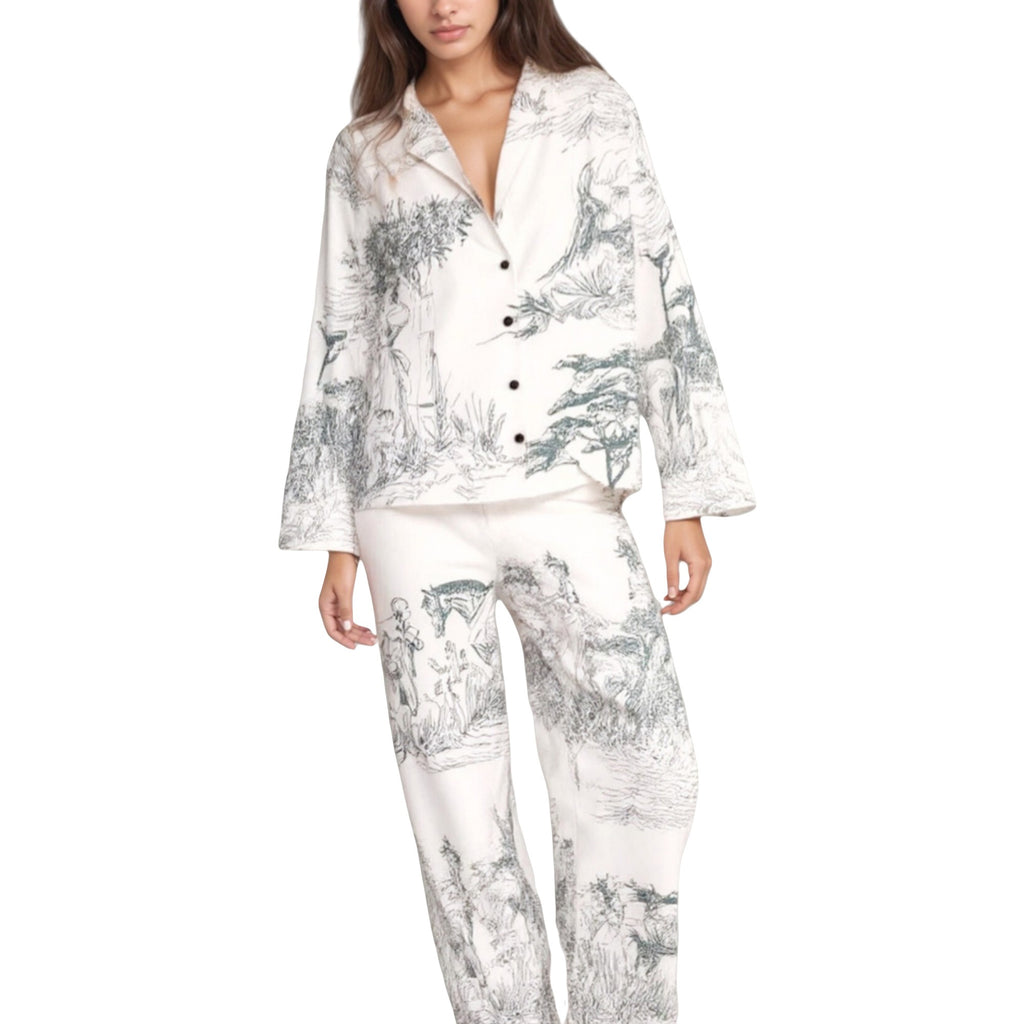 Anna-Kaci Lounge Women's Illustrated Toile Print Woven Pajama Set with Long Sleeve Button-Up Shirt and Straight Leg Pants