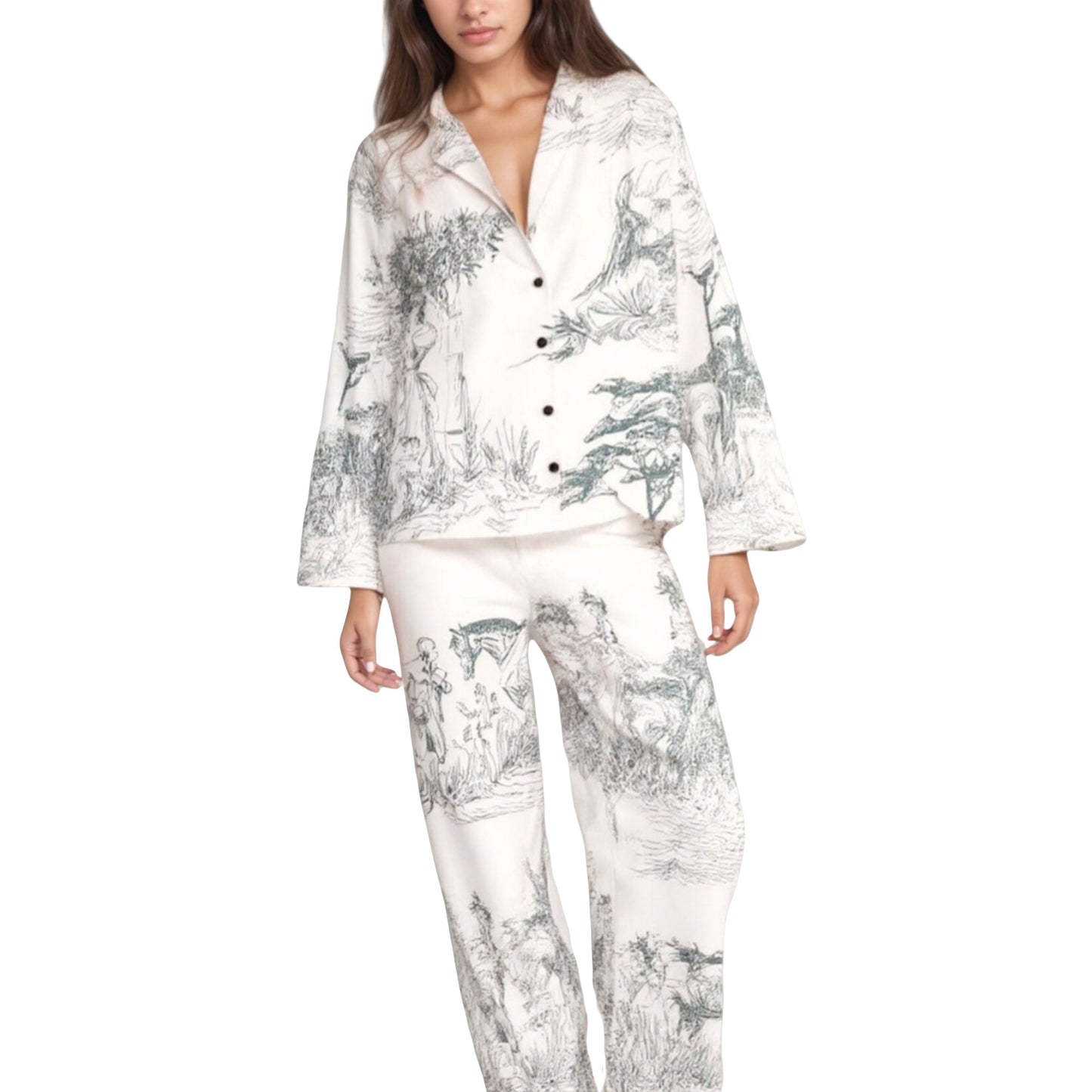 Anna-Kaci Lounge Women's Illustrated Toile Print Woven Pajama Set with Long Sleeve Button-Up Shirt and Straight Leg Pants