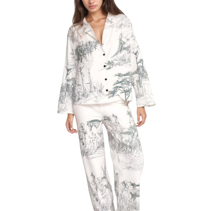 Anna-Kaci Lounge Women's Illustrated Toile Print Woven Pajama Set with Long Sleeve Button-Up Shirt and Straight Leg Pants