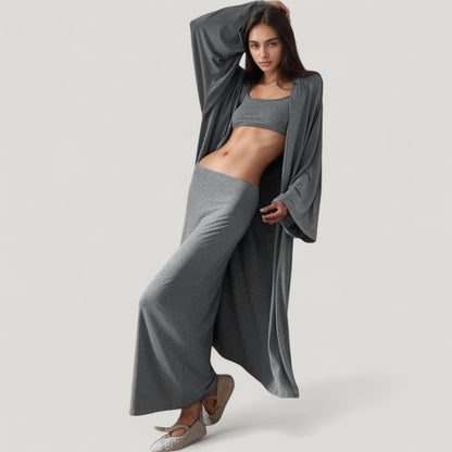 Anna-Kaci Lounge Women's 3-Piece Pajama Set with Longline Drape Robe Camisole Crop Top and Wide Leg Pants