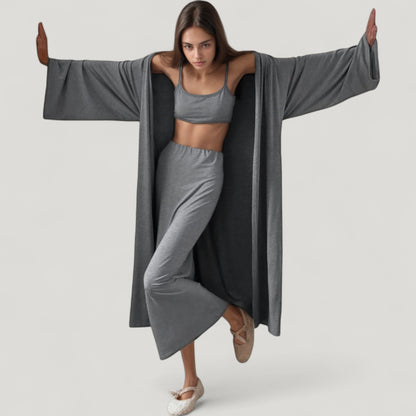 Anna-Kaci Lounge Women's 3-Piece Pajama Set with Longline Drape Robe Camisole Crop Top and Wide Leg Pants