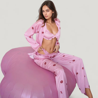 Anna-Kaci Lounge Women's 3-Piece Pajama Set with Ruffle Bra Top Drawstring Pants and Printed Long Sleeve Robe