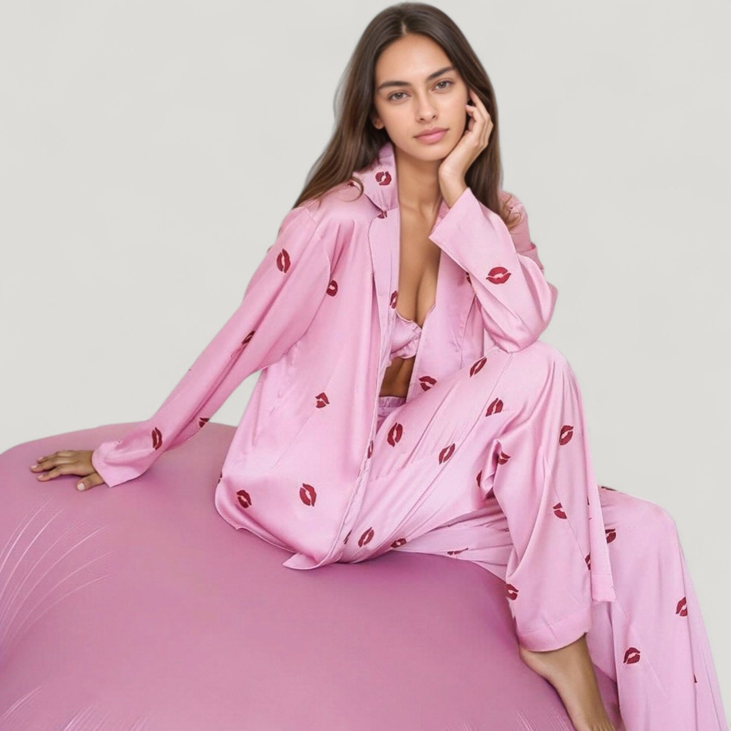 Anna-Kaci Lounge Women's 3-Piece Pajama Set with Ruffle Bra Top Drawstring Pants and Printed Long Sleeve Robe