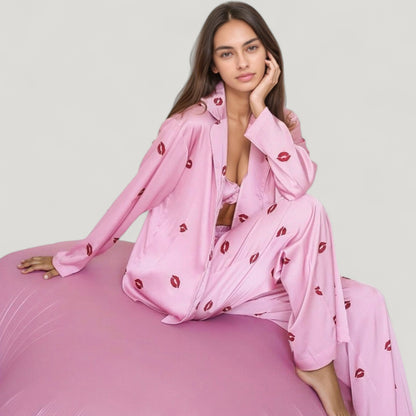 Anna-Kaci Lounge Women's 3-Piece Pajama Set with Ruffle Bra Top Drawstring Pants and Printed Long Sleeve Robe