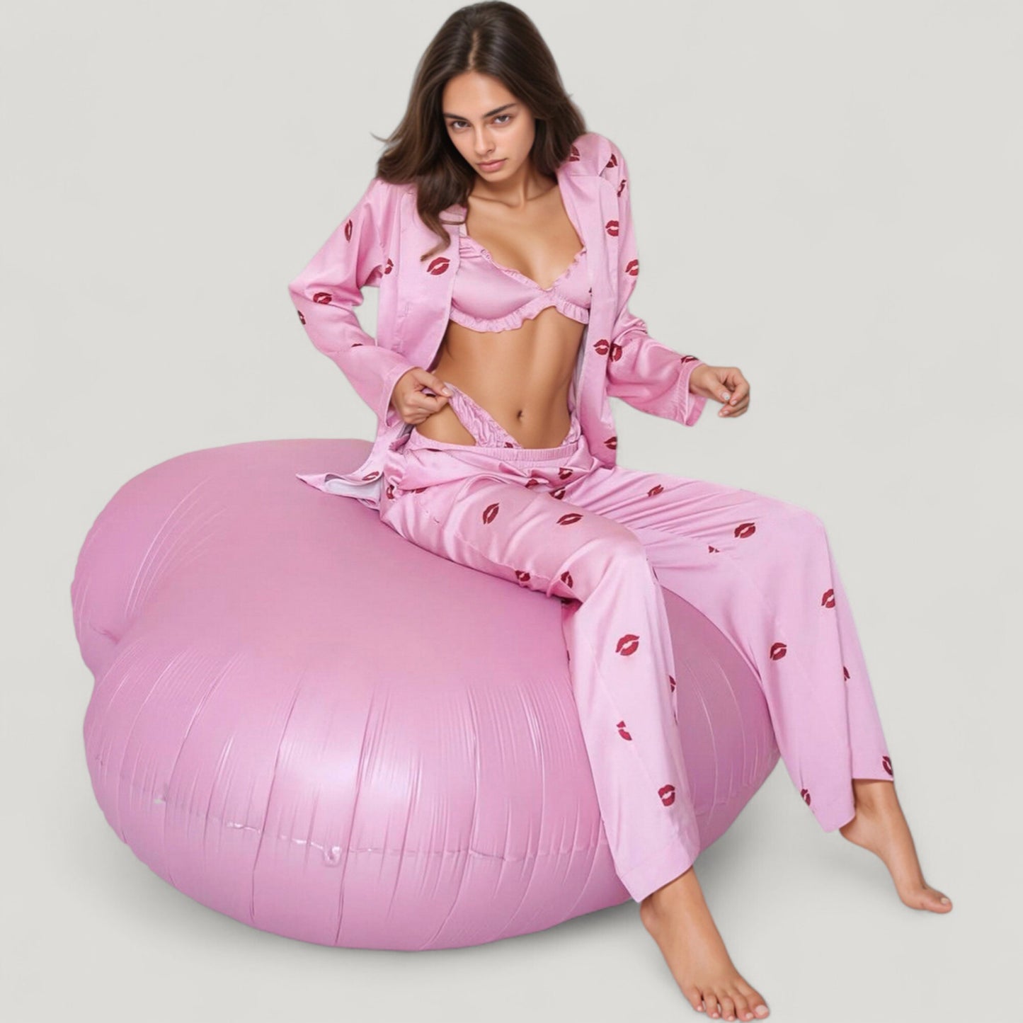 Anna-Kaci Lounge Women's 3-Piece Pajama Set with Ruffle Bra Top Drawstring Pants and Printed Long Sleeve Robe