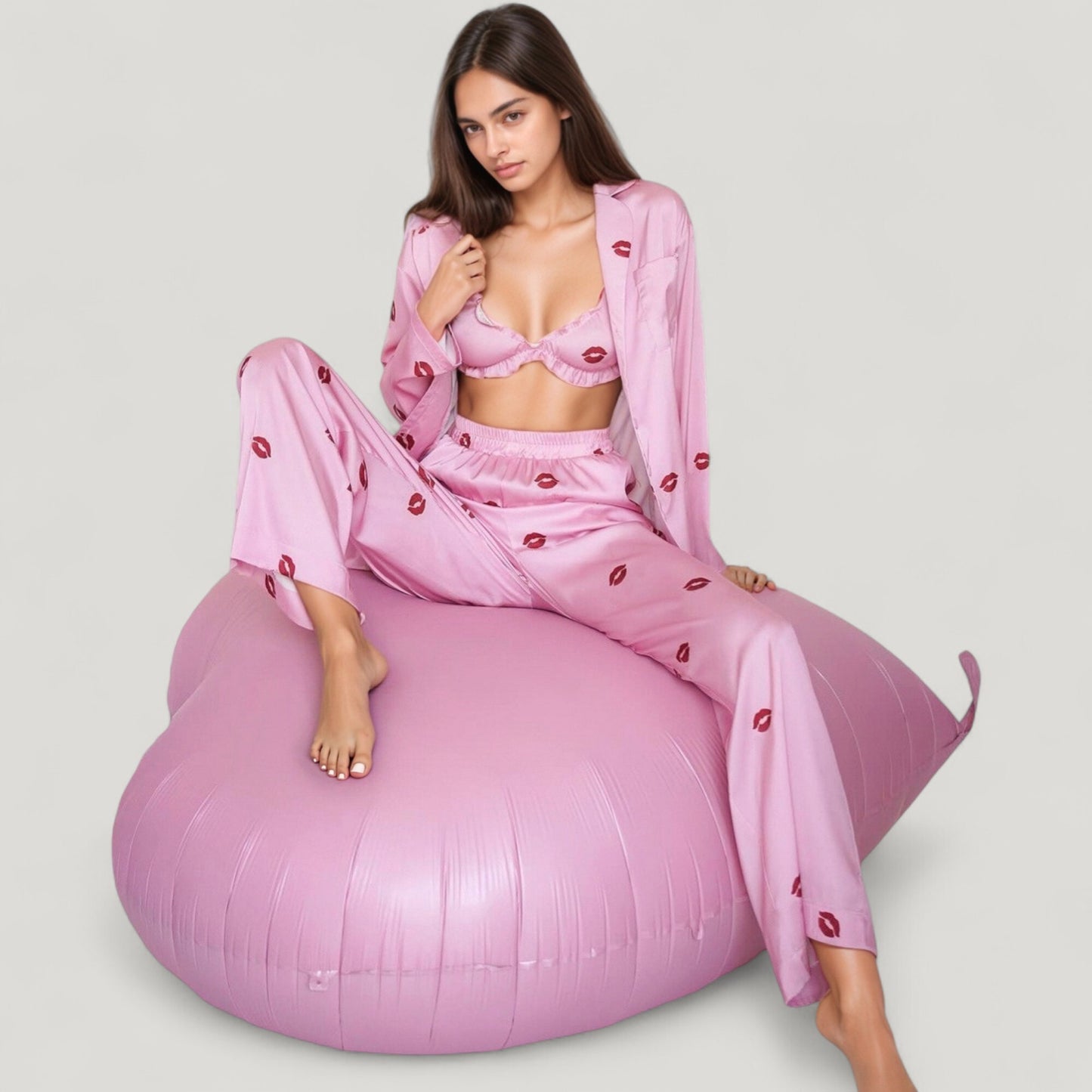 Anna-Kaci Lounge Women's 3-Piece Pajama Set with Ruffle Bra Top Drawstring Pants and Printed Long Sleeve Robe