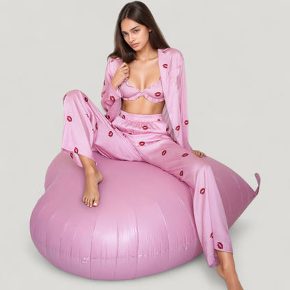 Anna-Kaci Lounge Women's 3-Piece Pajama Set with Ruffle Bra Top Drawstring Pants and Printed Long Sleeve Robe