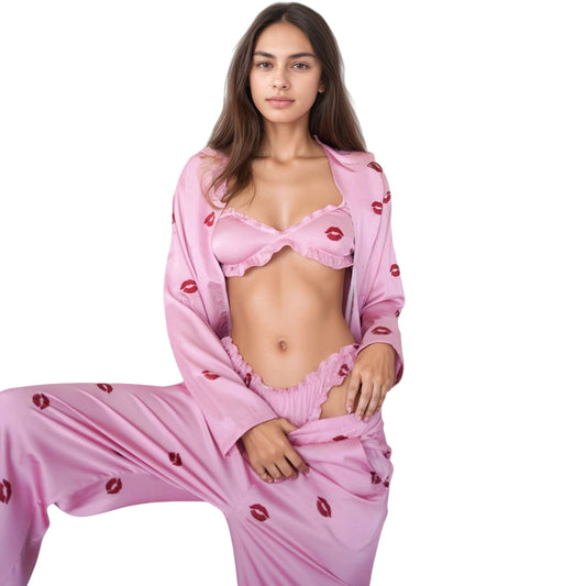 Anna-Kaci Lounge Women's 3-Piece Pajama Set with Ruffle Bra Top Drawstring Pants and Printed Long Sleeve Robe