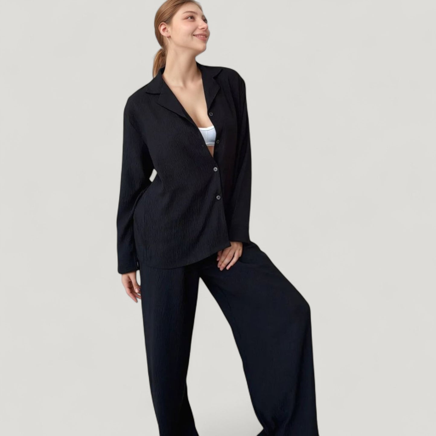 Anna-Kaci Lounge Women's Textured Button Down Pajama Set with Relaxed Fit Long Sleeve Shirt and Wide Leg Pants