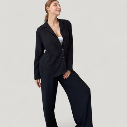 Anna-Kaci Lounge Women's Textured Button Down Pajama Set with Relaxed Fit Long Sleeve Shirt and Wide Leg Pants