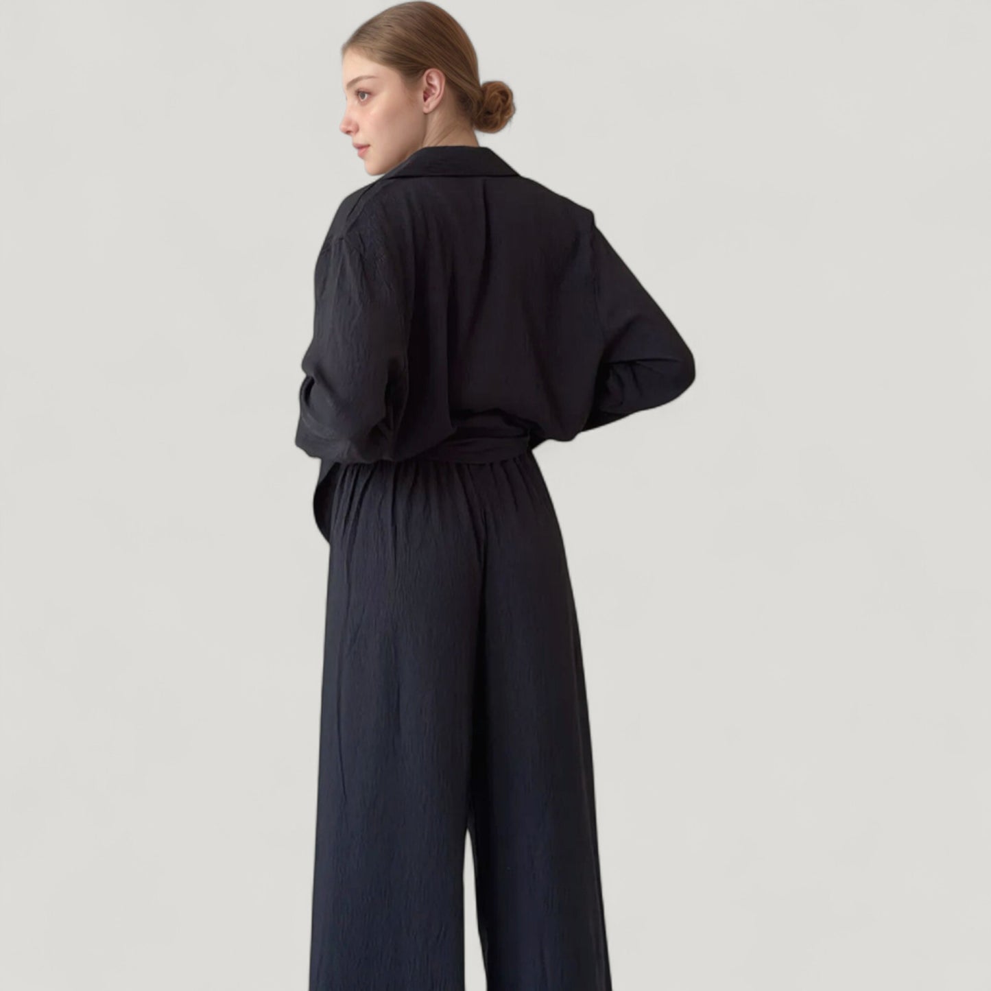 Anna-Kaci Lounge Women's Textured Button Down Pajama Set with Relaxed Fit Long Sleeve Shirt and Wide Leg Pants