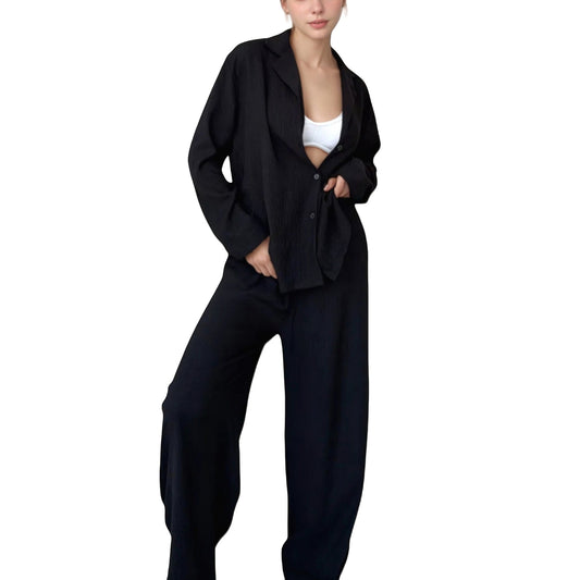 Anna-Kaci Lounge Women's Textured Button Down Pajama Set with Relaxed Fit Long Sleeve Shirt and Wide Leg Pants