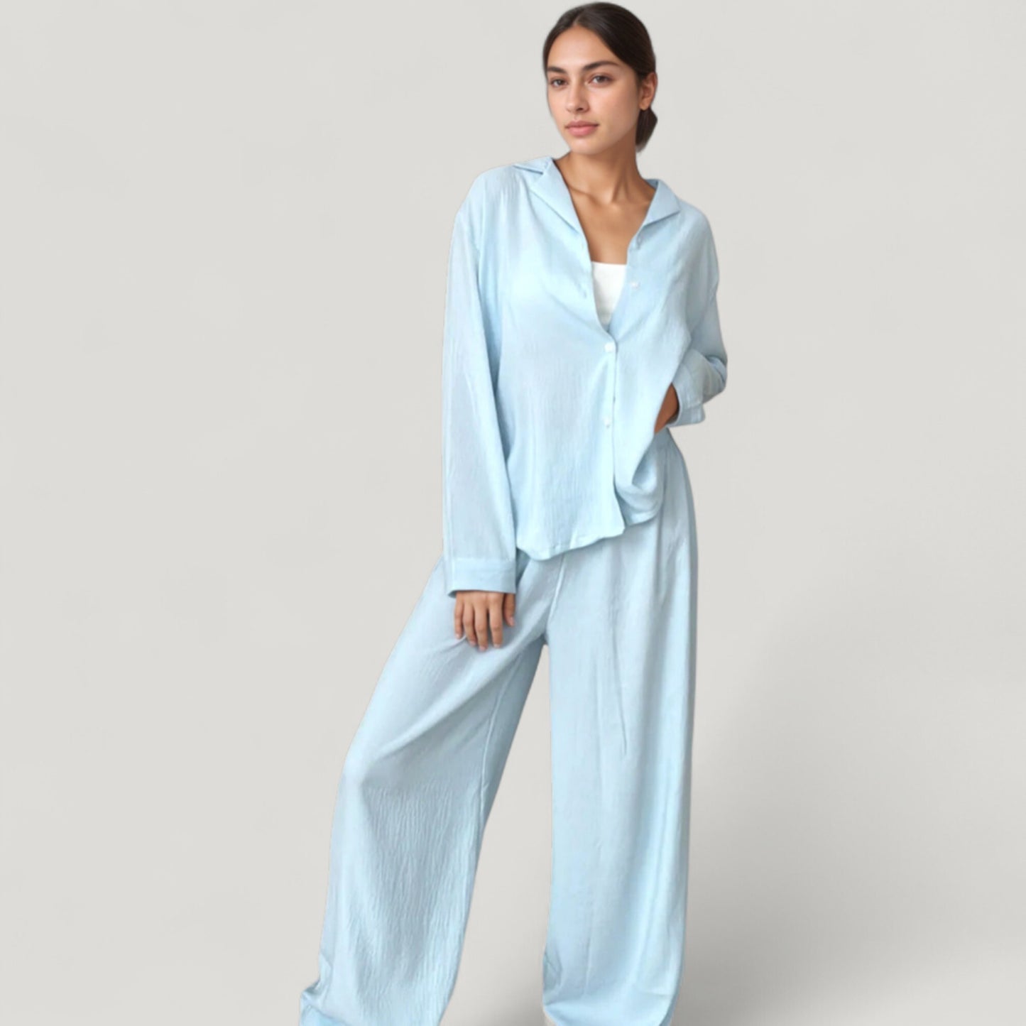 Anna-Kaci Lounge Women's Textured Button Down Pajama Set with Relaxed Fit Long Sleeve Shirt and Wide Leg Pants
