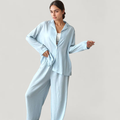 Anna-Kaci Lounge Women's Textured Button Down Pajama Set with Relaxed Fit Long Sleeve Shirt and Wide Leg Pants