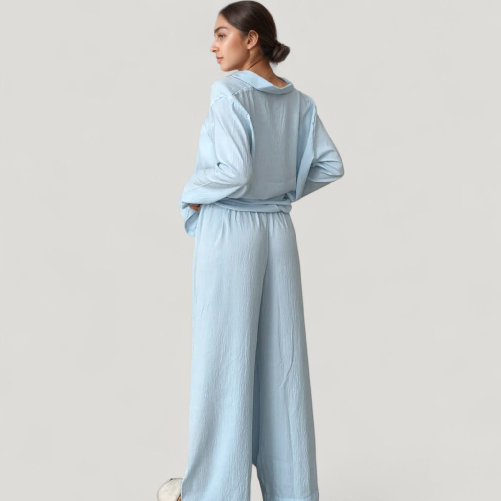 Anna-Kaci Lounge Women's Textured Button Down Pajama Set with Relaxed Fit Long Sleeve Shirt and Wide Leg Pants