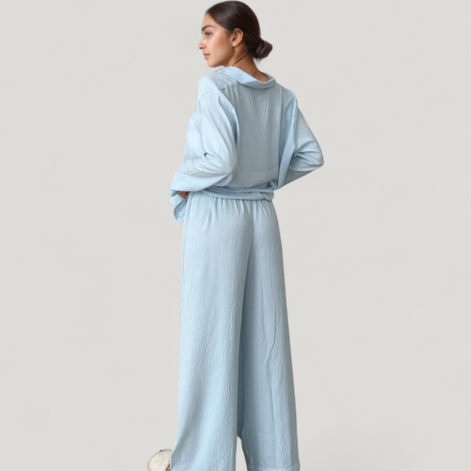 Anna-Kaci Lounge Women's Textured Button Down Pajama Set with Relaxed Fit Long Sleeve Shirt and Wide Leg Pants