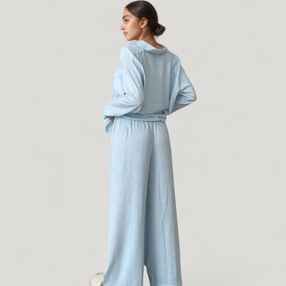 Anna-Kaci Lounge Women's Textured Button Down Pajama Set with Relaxed Fit Long Sleeve Shirt and Wide Leg Pants