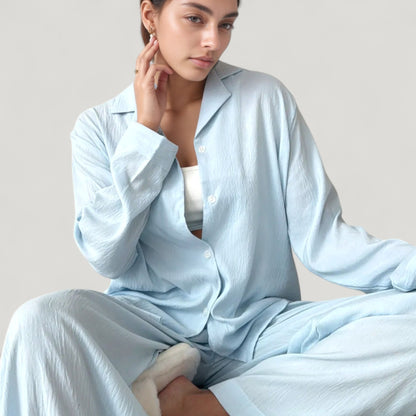 Anna-Kaci Lounge Women's Textured Button Down Pajama Set with Relaxed Fit Long Sleeve Shirt and Wide Leg Pants