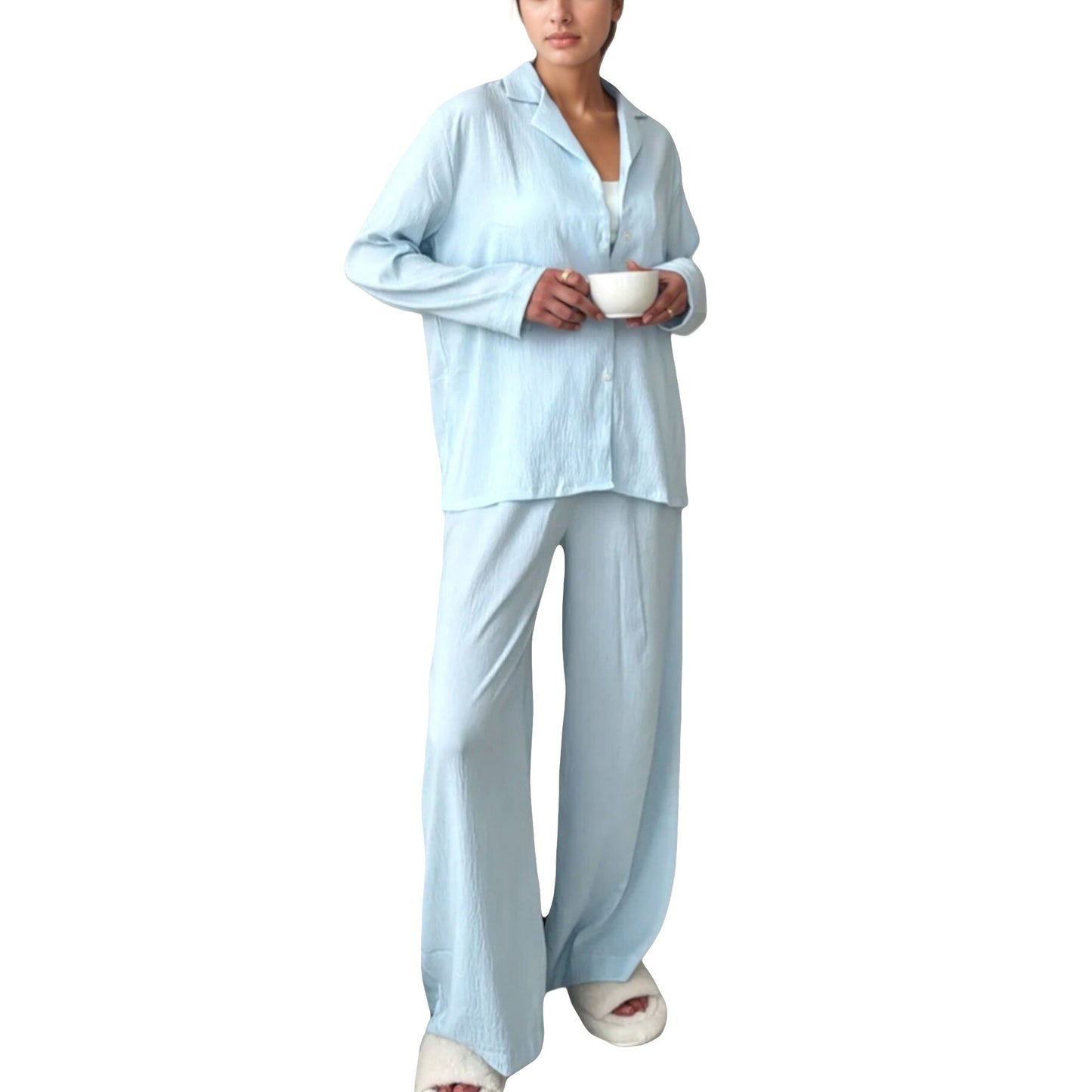 Anna-Kaci Lounge Women's Textured Button Down Pajama Set with Relaxed Fit Long Sleeve Shirt and Wide Leg Pants