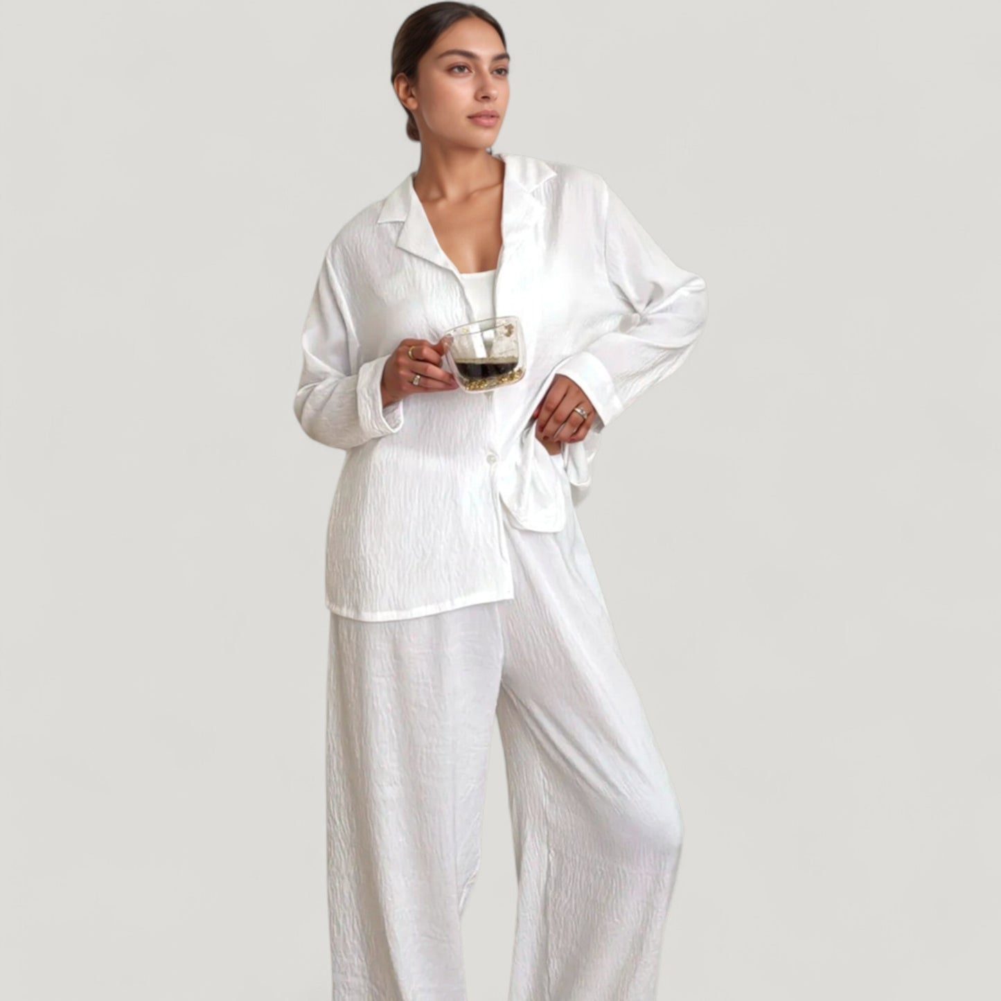 Anna-Kaci Lounge Women's Textured Button Down Pajama Set with Relaxed Fit Long Sleeve Shirt and Wide Leg Pants