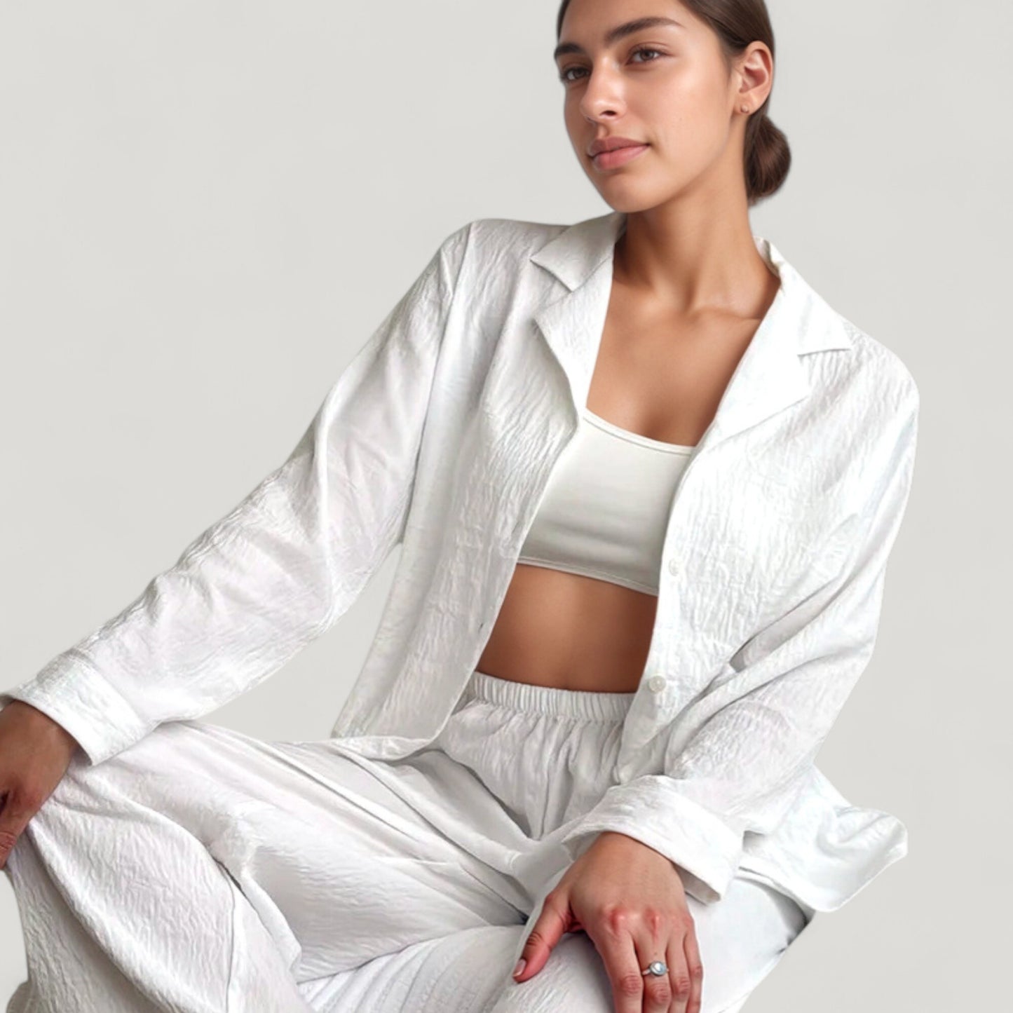 Anna-Kaci Lounge Women's Textured Button Down Pajama Set with Relaxed Fit Long Sleeve Shirt and Wide Leg Pants