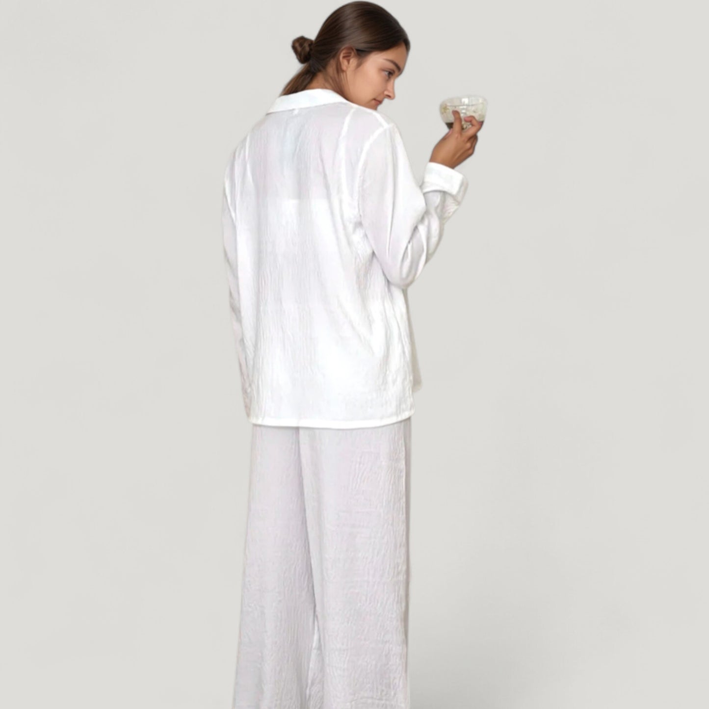 Anna-Kaci Lounge Women's Textured Button Down Pajama Set with Relaxed Fit Long Sleeve Shirt and Wide Leg Pants