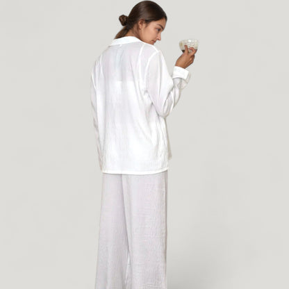 Anna-Kaci Lounge Women's Textured Button Down Pajama Set with Relaxed Fit Long Sleeve Shirt and Wide Leg Pants