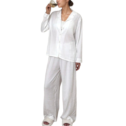 Anna-Kaci Lounge Women's Textured Button Down Pajama Set with Relaxed Fit Long Sleeve Shirt and Wide Leg Pants