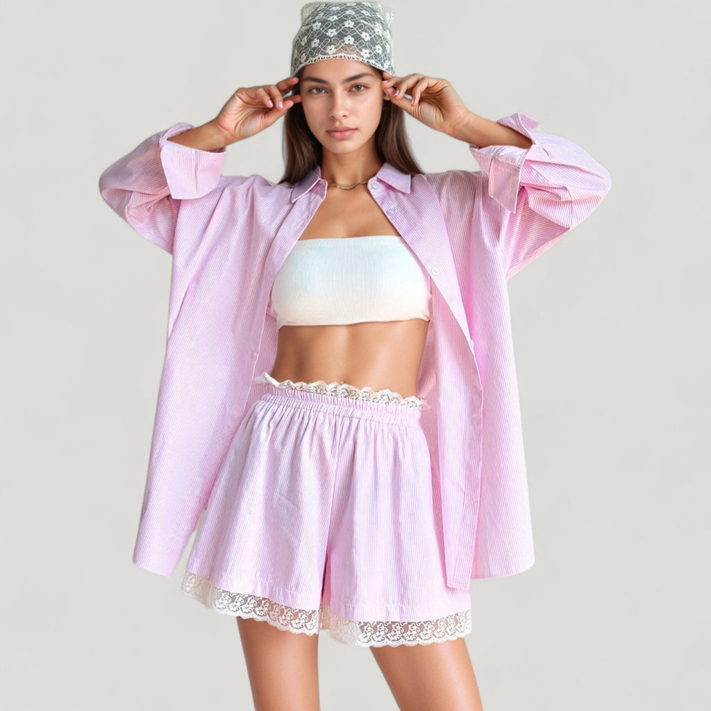 Anna-Kaci Lounge Women's Woven Pajama Set with Oversized Button Down Shirt and Lace Trim Elastic Waist Shorts