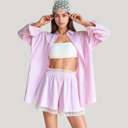 Anna-Kaci Lounge Women's Woven Pajama Set with Oversized Button Down Shirt and Lace Trim Elastic Waist Shorts