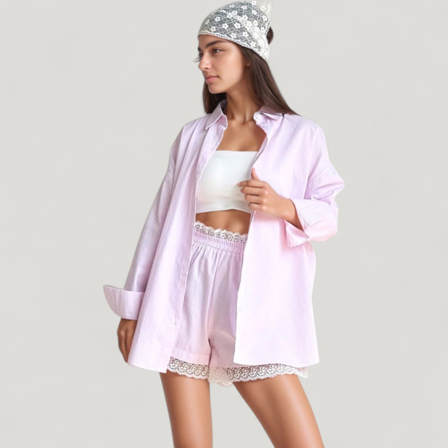 Anna-Kaci Lounge Women's Woven Pajama Set with Oversized Button Down Shirt and Lace Trim Elastic Waist Shorts