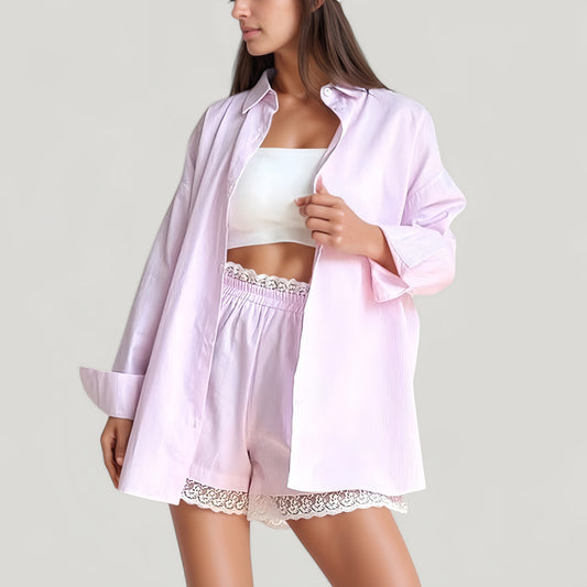 Anna-Kaci Lounge Women's Woven Pajama Set with Oversized Button Down Shirt and Lace Trim Elastic Waist Shorts