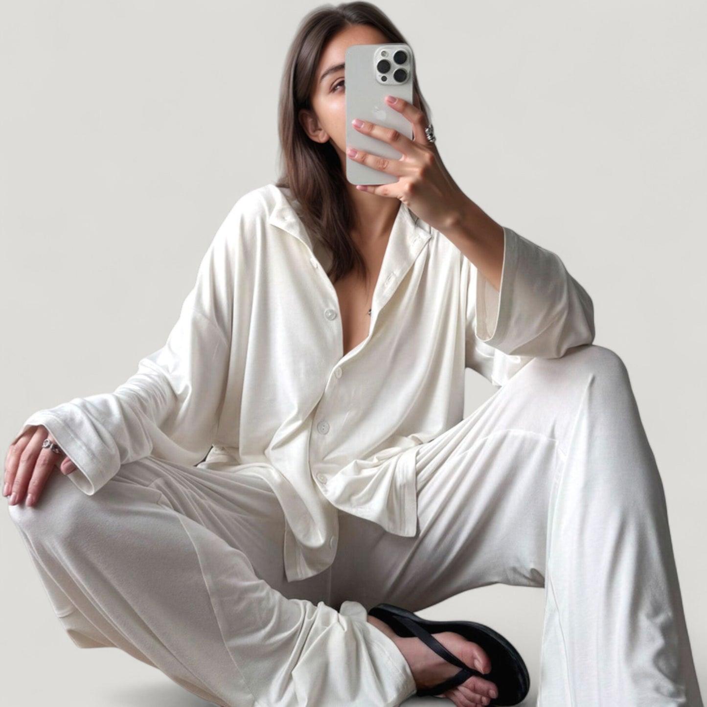 Anna-Kaci Lounge Women's Silky Pajama Set with Button Down Shirt and Wide Leg Pants in Soft Draped Finish