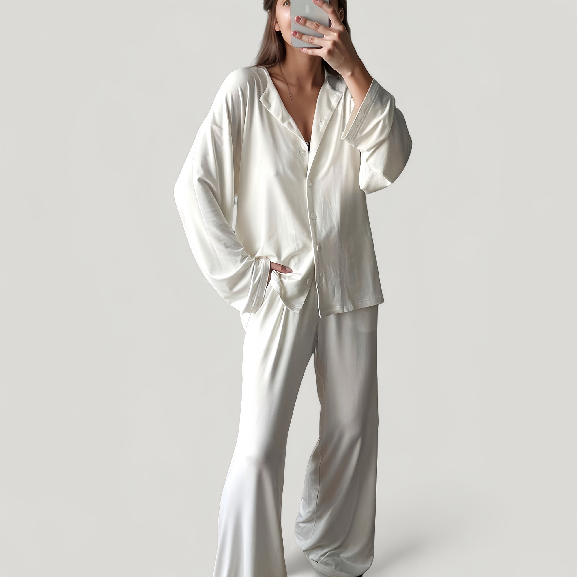 Anna-Kaci Lounge Women's Silky Pajama Set with Button Down Shirt and Wide Leg Pants in Soft Draped Finish