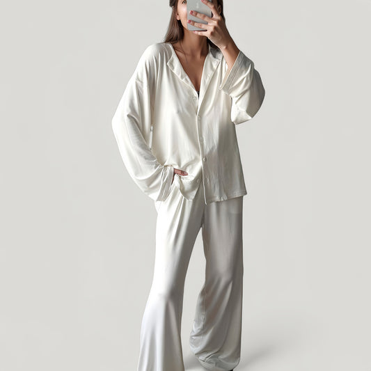 Anna-Kaci Lounge Women's Silky Pajama Set with Button Down Shirt and Wide Leg Pants in Soft Draped Finish