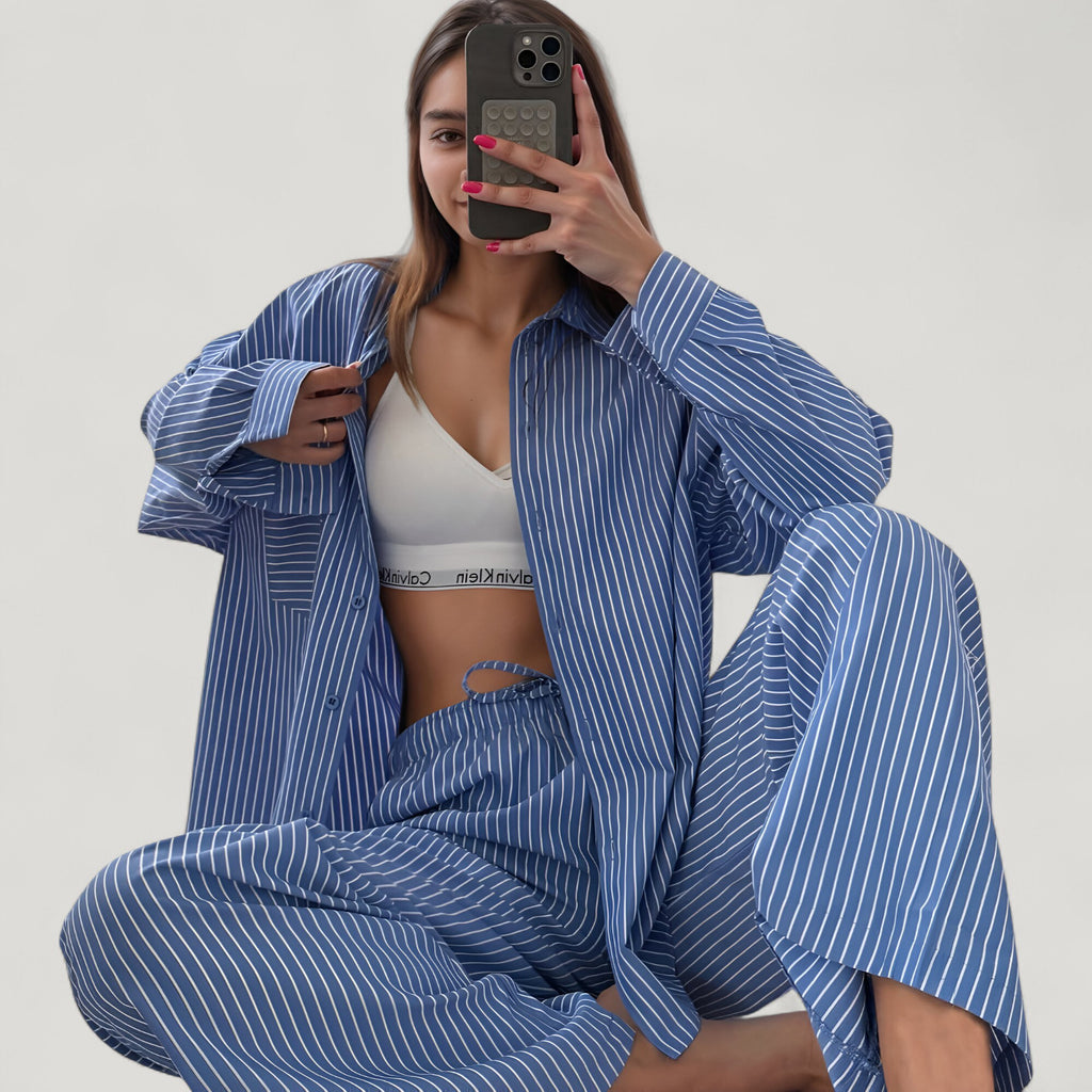 Anna-Kaci Lounge Women's Striped Button Down Pajama Set with Patch Pocket Shirt and Wide Leg Pants