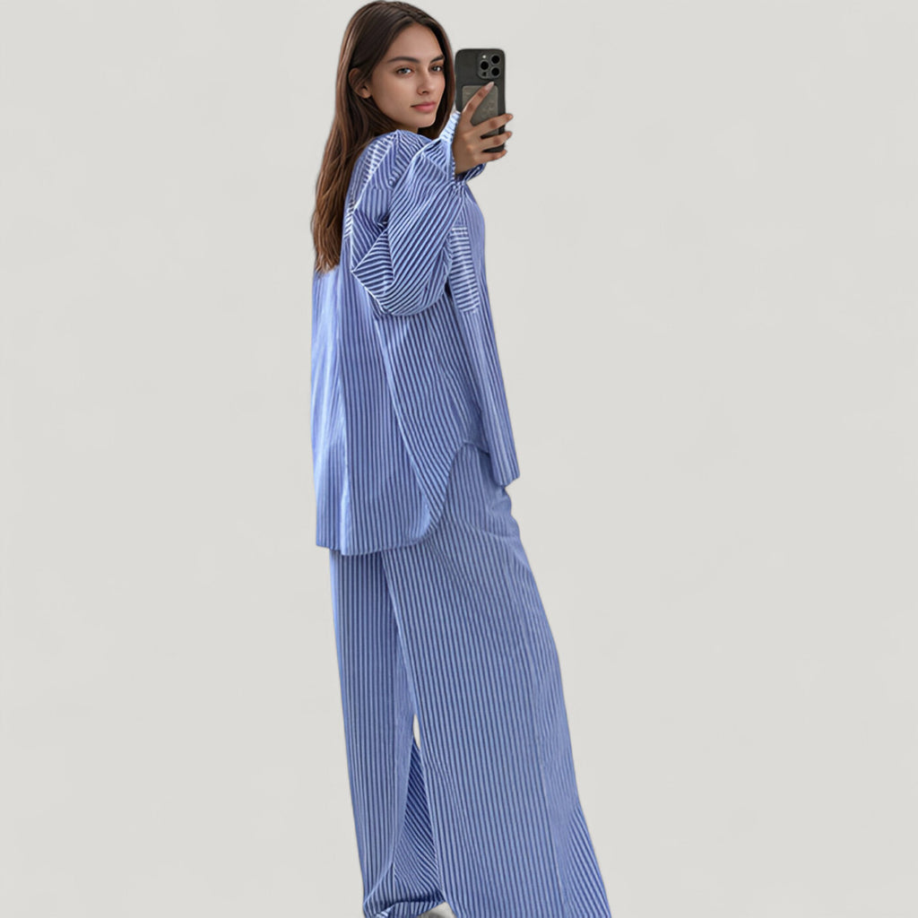 Anna-Kaci Lounge Women's Striped Button Down Pajama Set with Patch Pocket Shirt and Wide Leg Pants