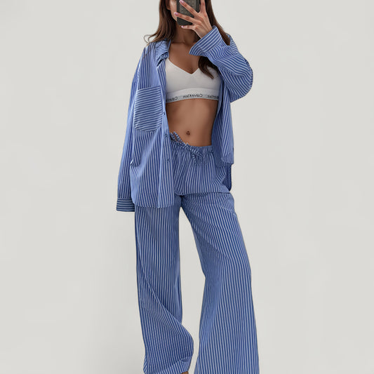 Anna-Kaci Lounge Women's Striped Button Down Pajama Set with Patch Pocket Shirt and Wide Leg Pants