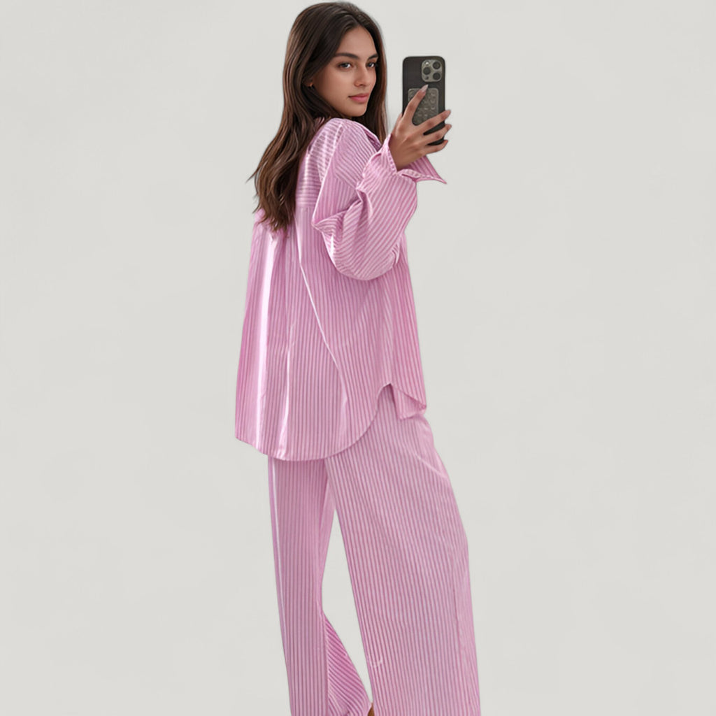 Anna-Kaci Lounge Women's Striped Button Down Pajama Set with Patch Pocket Shirt and Wide Leg Pants