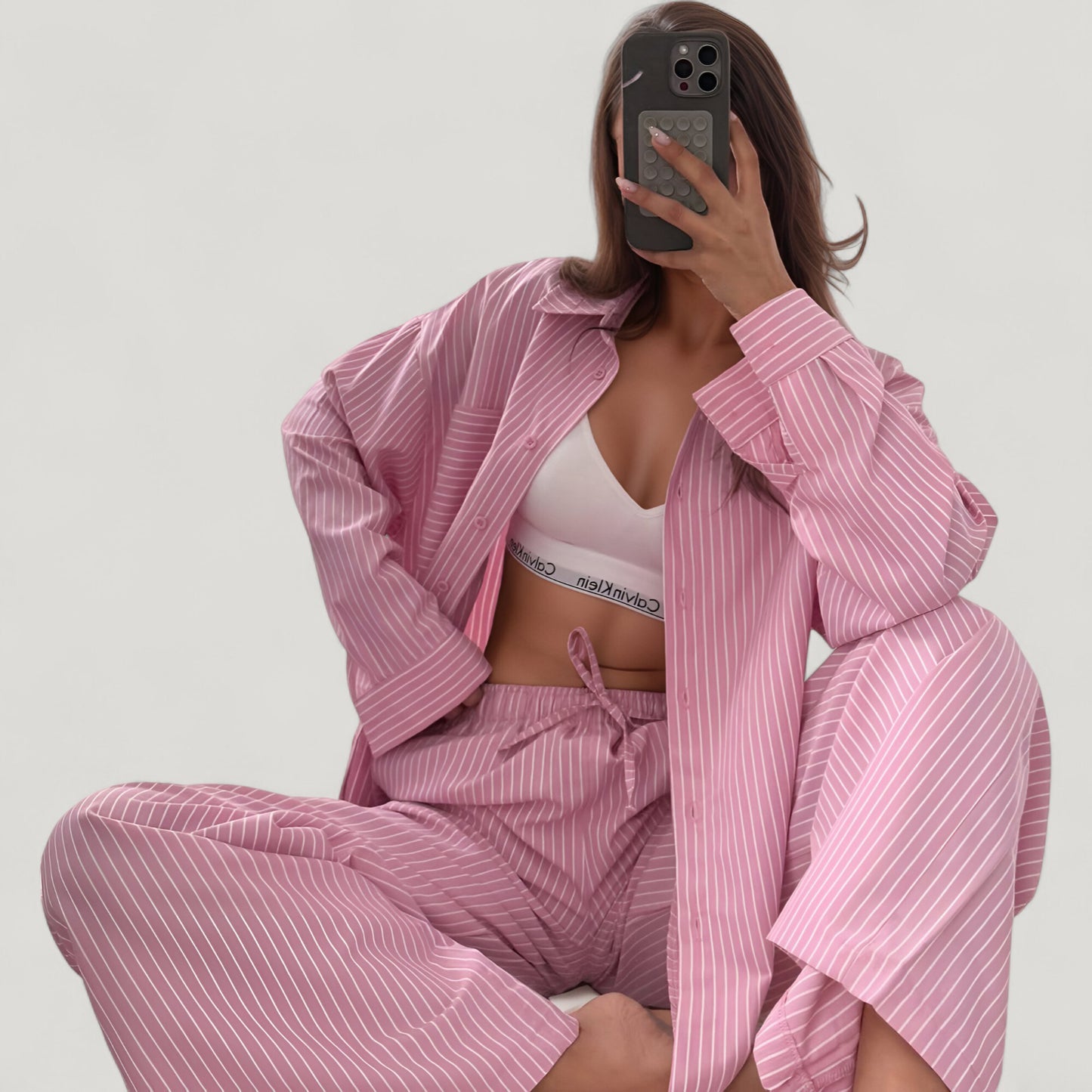Anna-Kaci Lounge Women's Striped Button Down Pajama Set with Patch Pocket Shirt and Wide Leg Pants