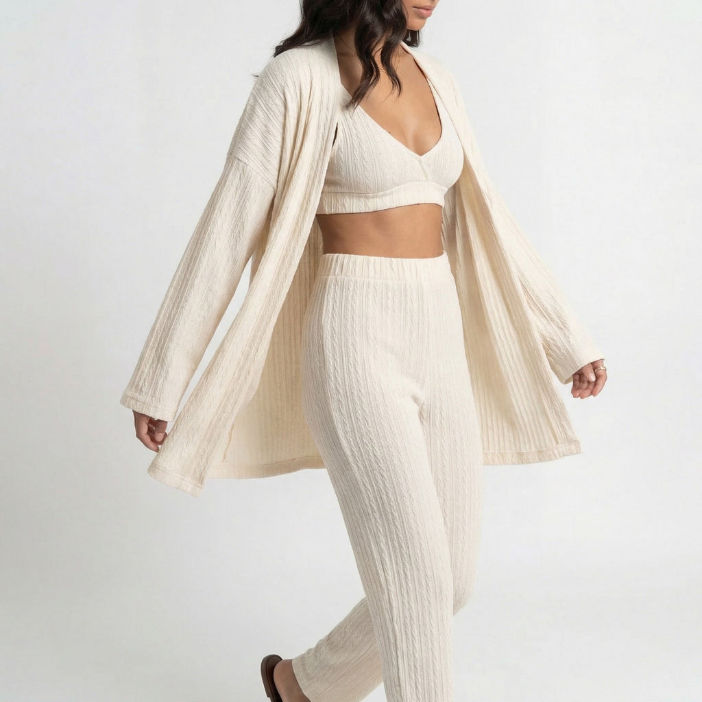 Anna-Kaci Lounge Women's 3-Piece Pajama Set with Textured Woven Knit Bra Top Open Cardigan and High Waist Pants